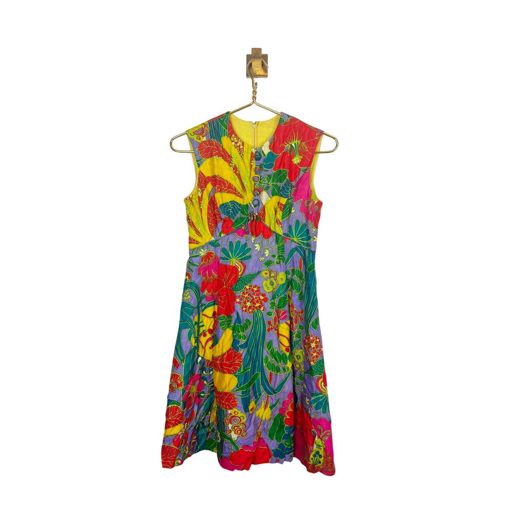 Vintage 60s Marek New York Floral Mod Dress Sleeveless Tropical
